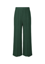 A product shot of the PLEATS PLEASE ISSEY MIYAKE RAMIE PLEATS trousers in dark green (67).