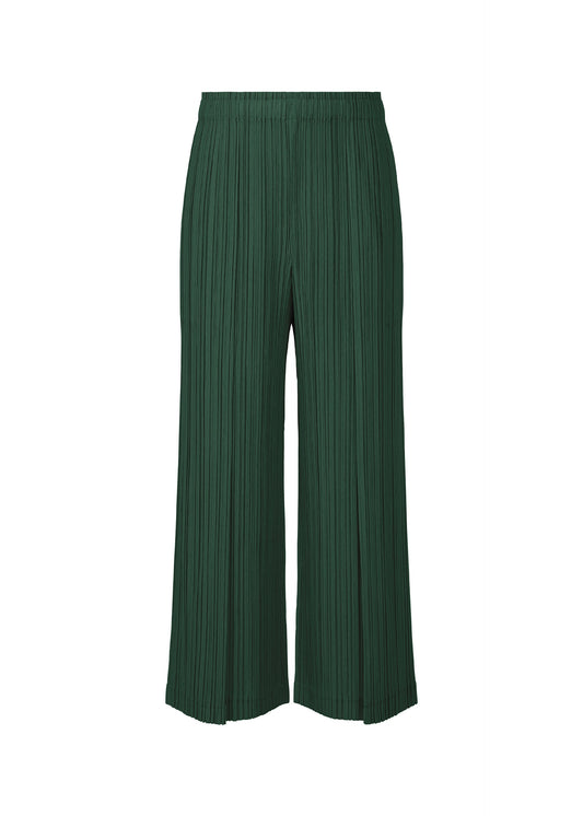 A product shot of the PLEATS PLEASE ISSEY MIYAKE RAMIE PLEATS trousers in dark green (67).