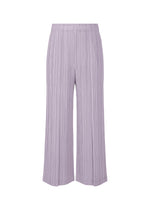 A product shot of the PLEATS PLEASE ISSEY MIYAKE RAMIE PLEATS trousers in light purple (80).