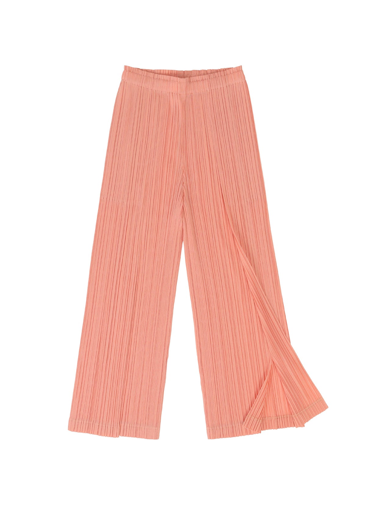 A detail shot of the PLEATS PLEASE ISSEY MIYAKE RAMIE PLEATS trousers.