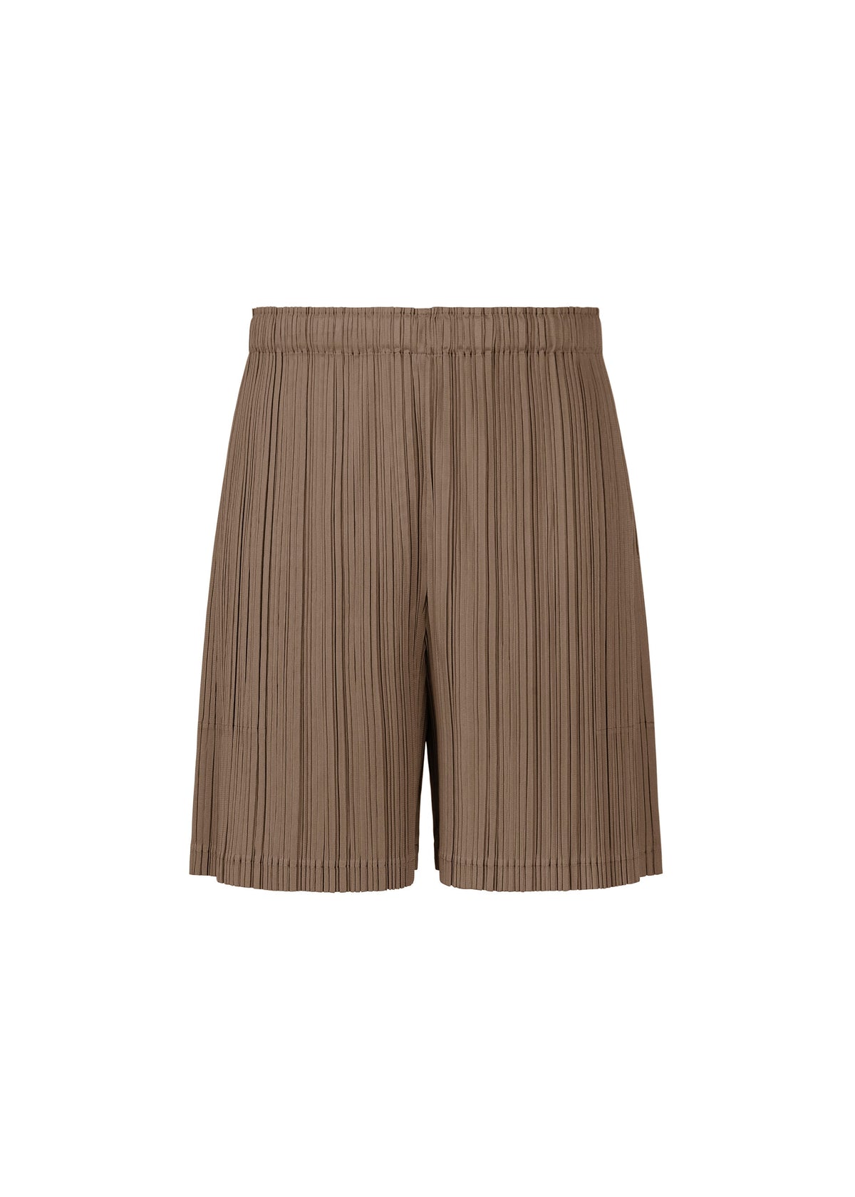 A product shot of the PLEATS PLEASE ISSEY MIYAKE LOOP BOTTOMS shorts in dark brown (45).