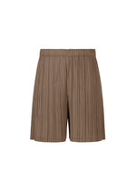 A product shot of the PLEATS PLEASE ISSEY MIYAKE LOOP BOTTOMS shorts in dark brown (45).