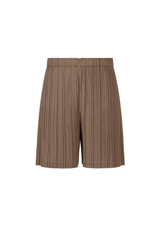 A product shot of the PLEATS PLEASE ISSEY MIYAKE LOOP BOTTOMS shorts in dark brown (45).