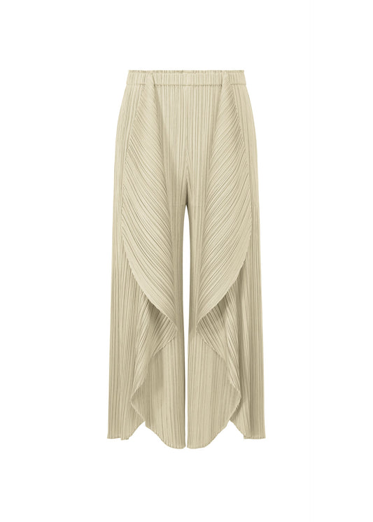 A product shot of the PLEATS PLEASE ISSEY MIYAKE LEAF trousers in greige (42).