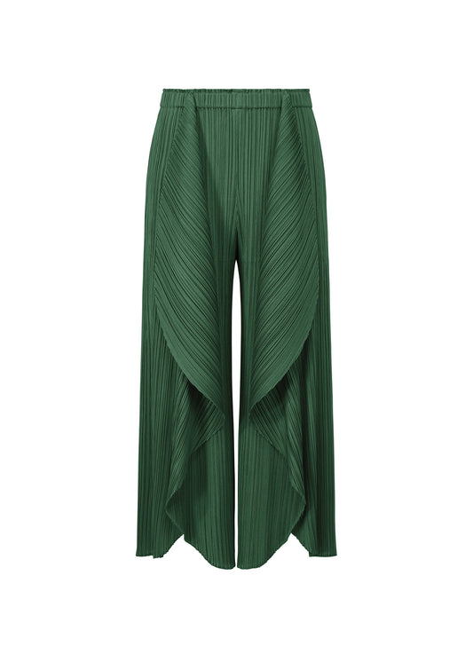 A product shot of the PLEATS PLEASE ISSEY MIYAKE LEAF trousers in dark green (67).