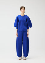 A model wears the PLEATS PLEASE ISSEY MIYAKE COAST trousers.