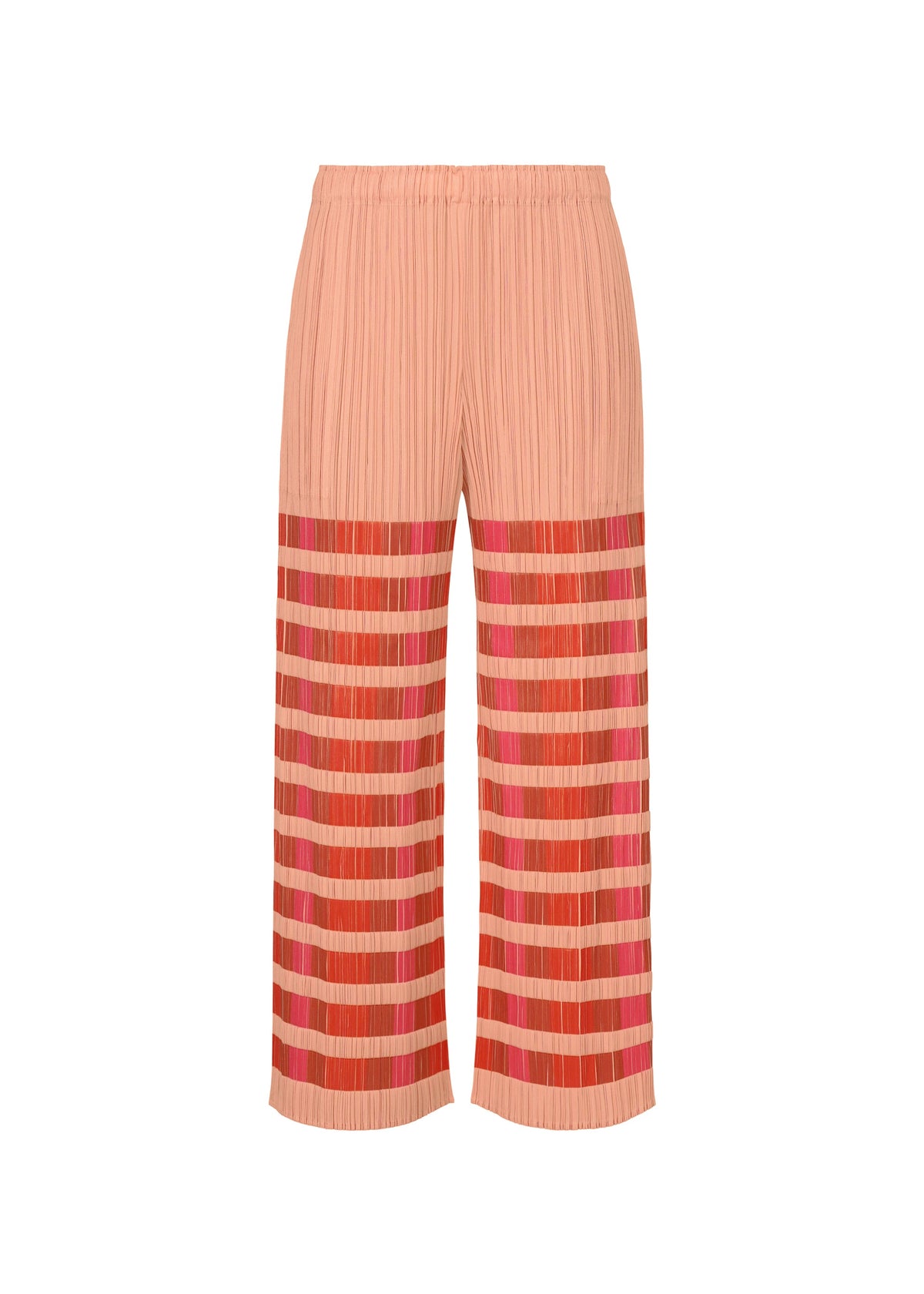 A product shot of the PLEATS PLEASE ISSEY MIYAKE BUMPY BASKET trousers in pink.