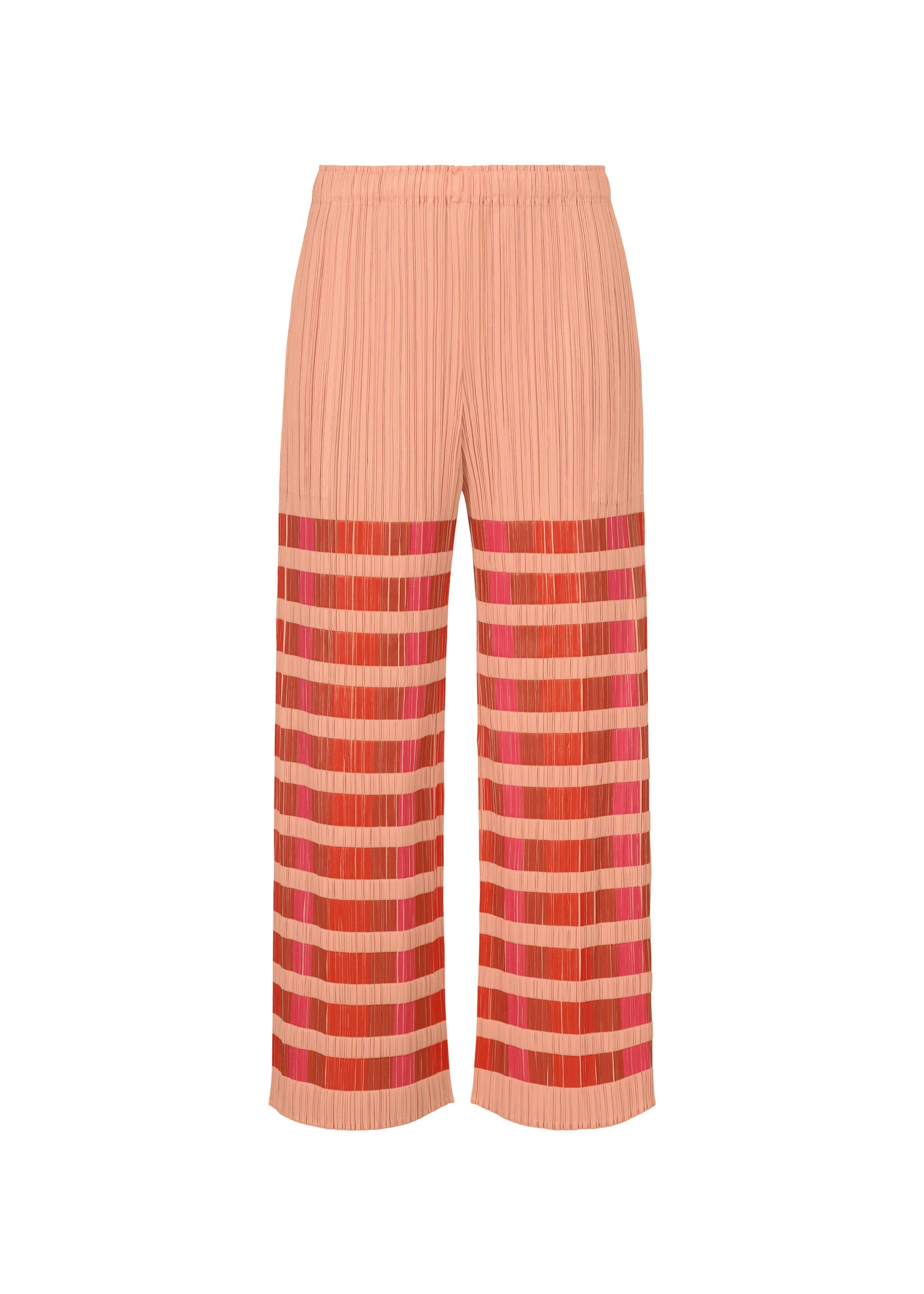 A product shot of the PLEATS PLEASE ISSEY MIYAKE BUMPY BASKET trousers in pink.