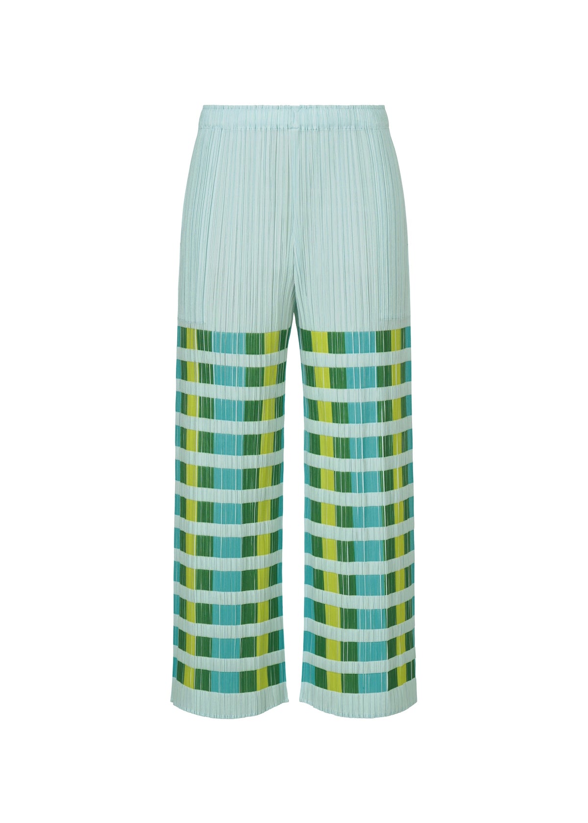A product shot of the PLEATS PLEASE ISSEY MIYAKE BUMPY BASKET trousers in green.