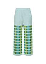 A product shot of the PLEATS PLEASE ISSEY MIYAKE BUMPY BASKET trousers in green.