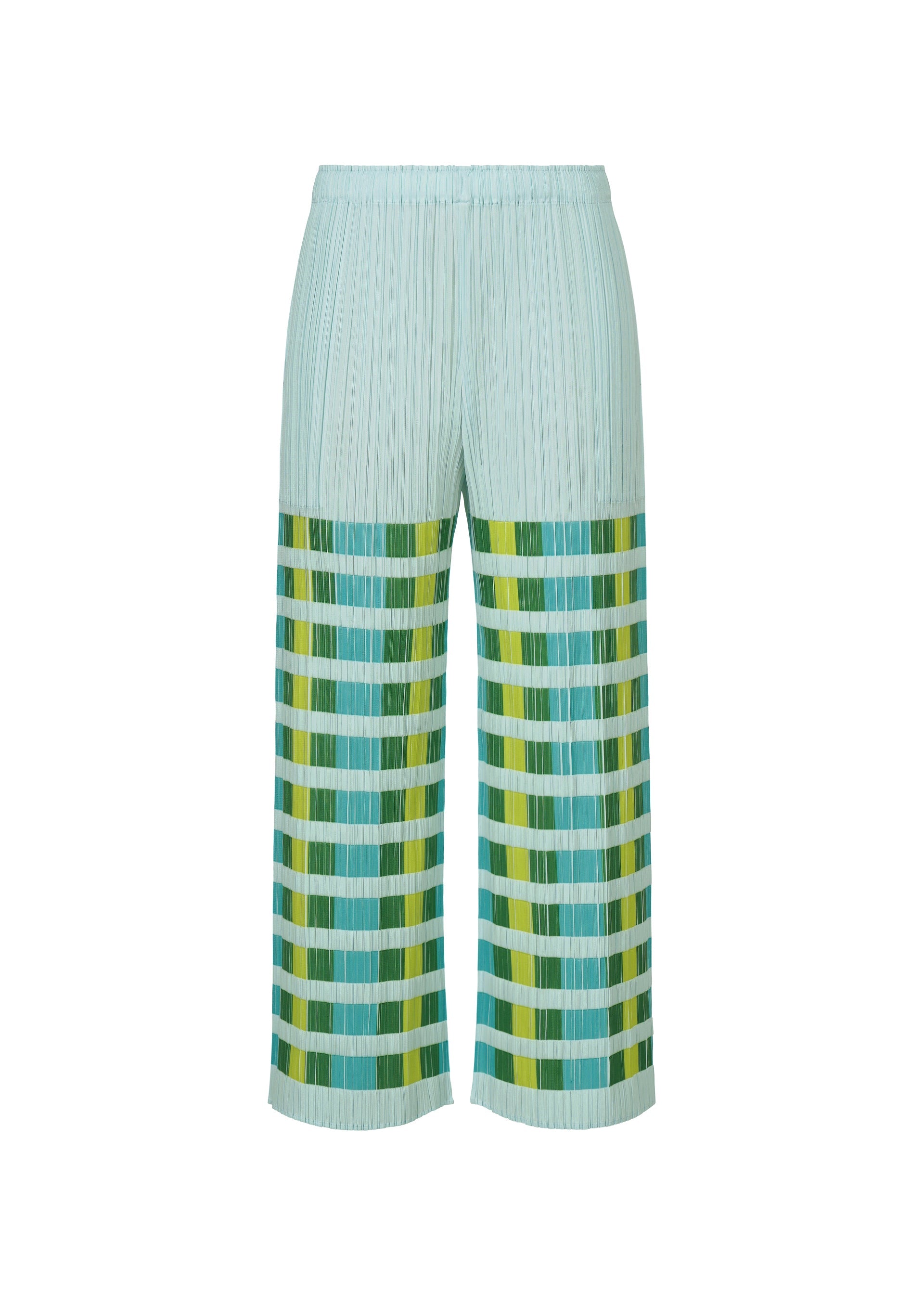 A product shot of the PLEATS PLEASE ISSEY MIYAKE BUMPY BASKET trousers in green.