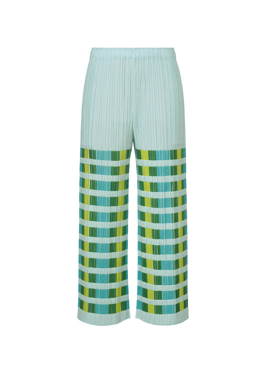 A product shot of the PLEATS PLEASE ISSEY MIYAKE BUMPY BASKET trousers in green.