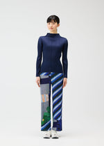 A model wears the PLEATS PLEASE ISSEY MIYAKE CITY COLLAGE clothing.