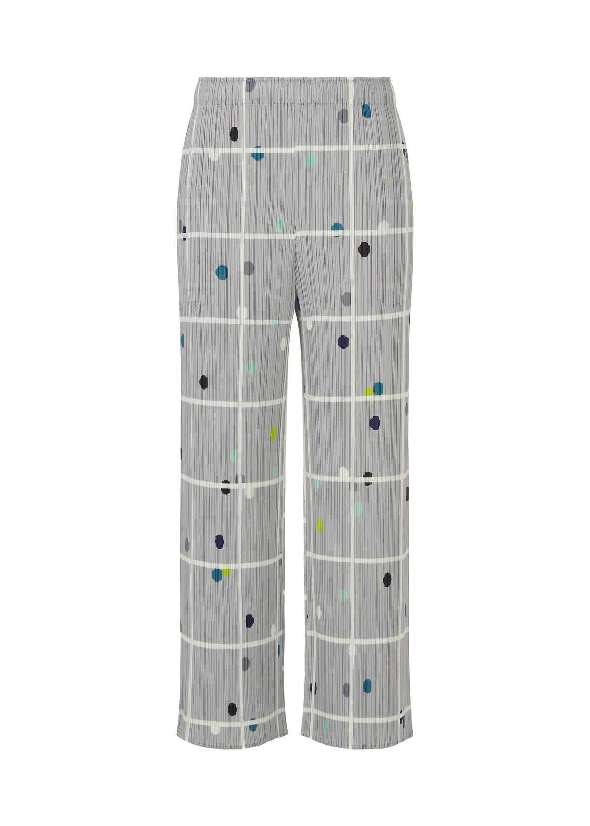 A product shot of the PLEATS PLEASE ISSEY MIYAKE CROSSING DOTS trousers in light grey (10).