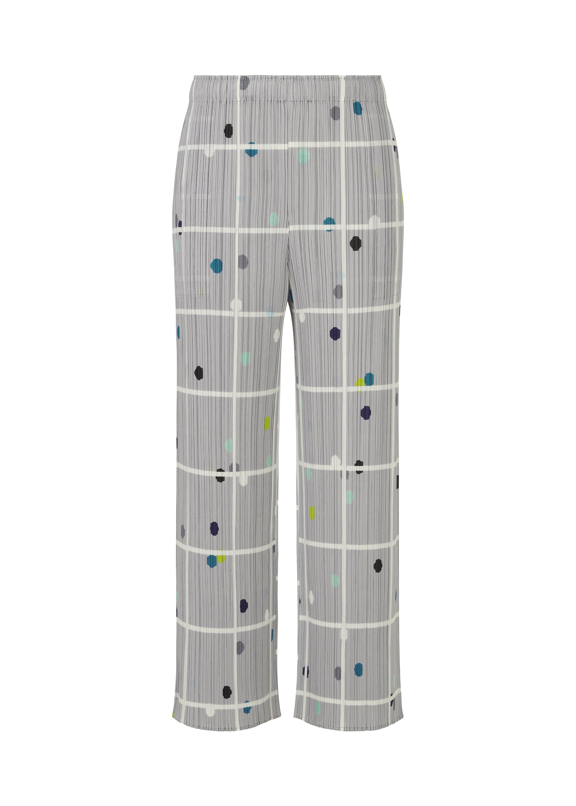 A product shot of the PLEATS PLEASE ISSEY MIYAKE CROSSING DOTS trousers in light grey (10).