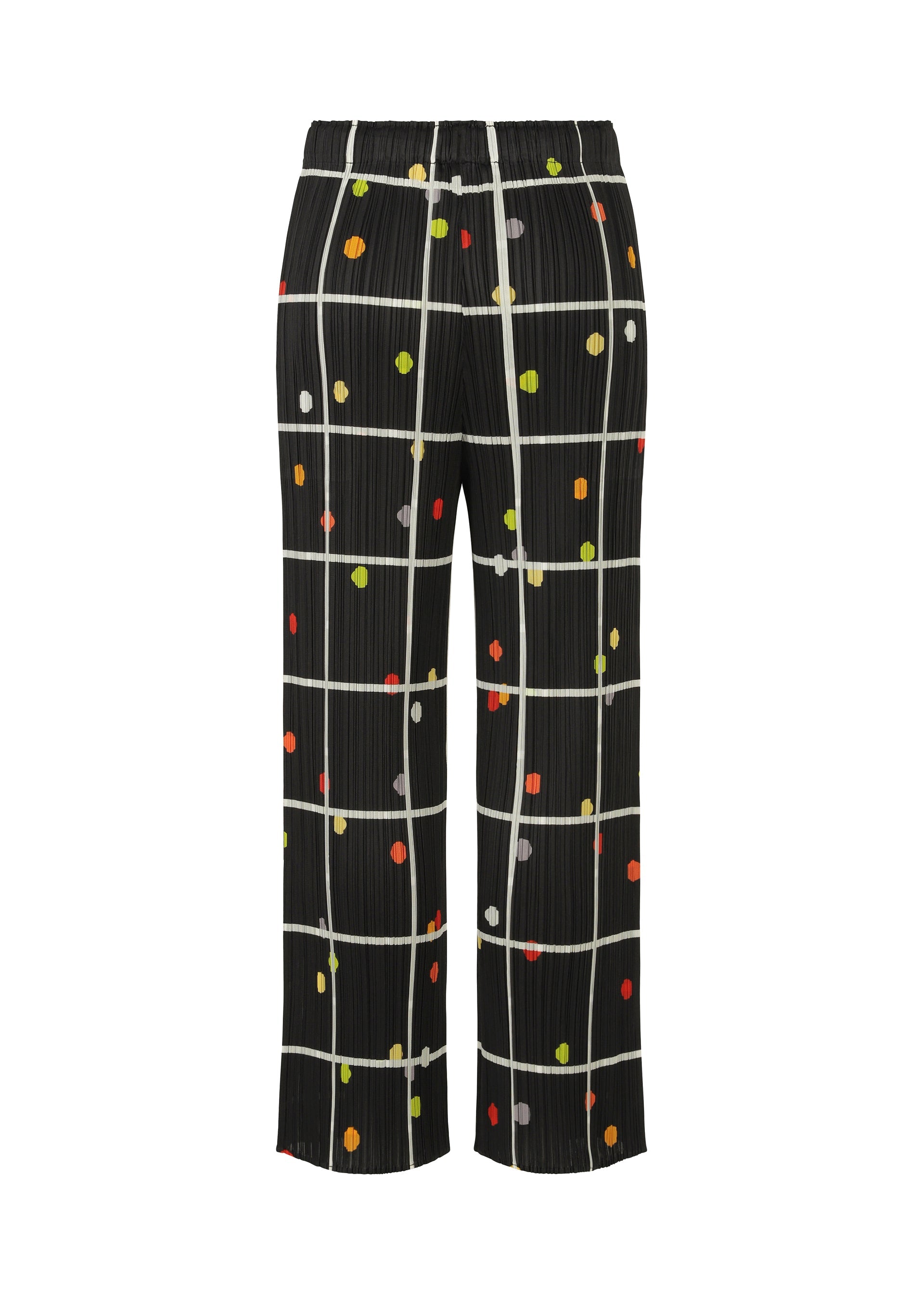 A detail shot of the PLEATS PLEASE ISSEY MIYAKE CROSSING DOTS trousers.