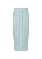 A product shot of the PLEATS PLEASE ISSEY MIYAKE COTTON DENIM skirt in light blue (70).