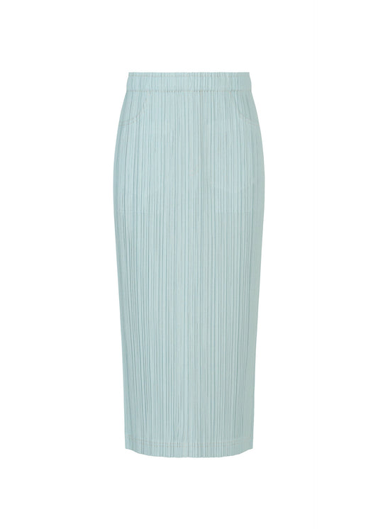 A product shot of the PLEATS PLEASE ISSEY MIYAKE COTTON DENIM skirt in light blue (70).