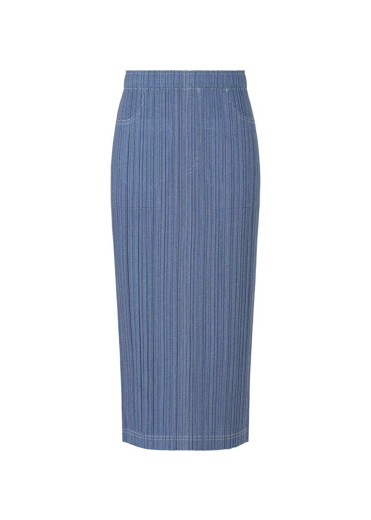 A product shot of the PLEATS PLEASE ISSEY MIYAKE COTTON DENIM skirt in blue (72).