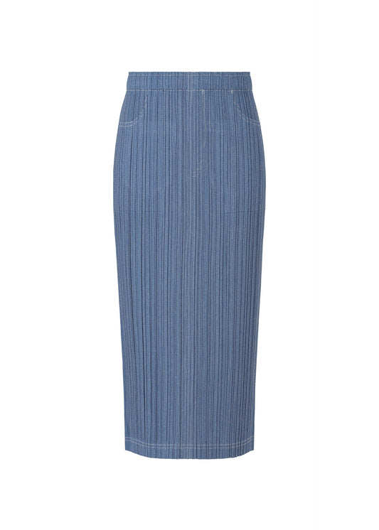 A product shot of the PLEATS PLEASE ISSEY MIYAKE COTTON DENIM skirt in blue (72).