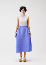A model wears the PLEATS PLEASE ISSEY MIYAKE BOUNCY BASKET bouncy-basket-skirt-steel-blue.