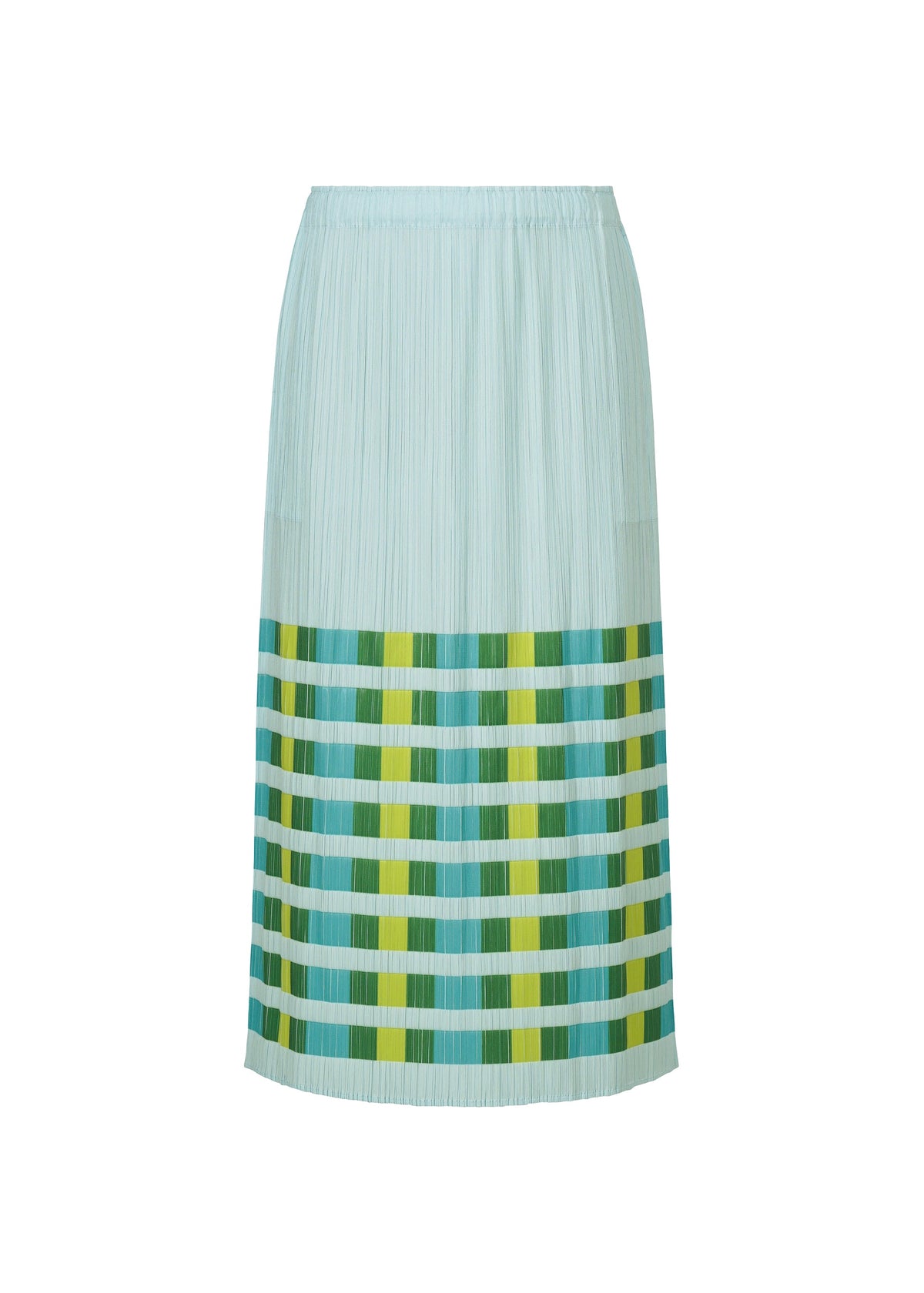 A product shot of the PLEATS PLEASE ISSEY MIYAKE BUMPY BASKET skirt in green.