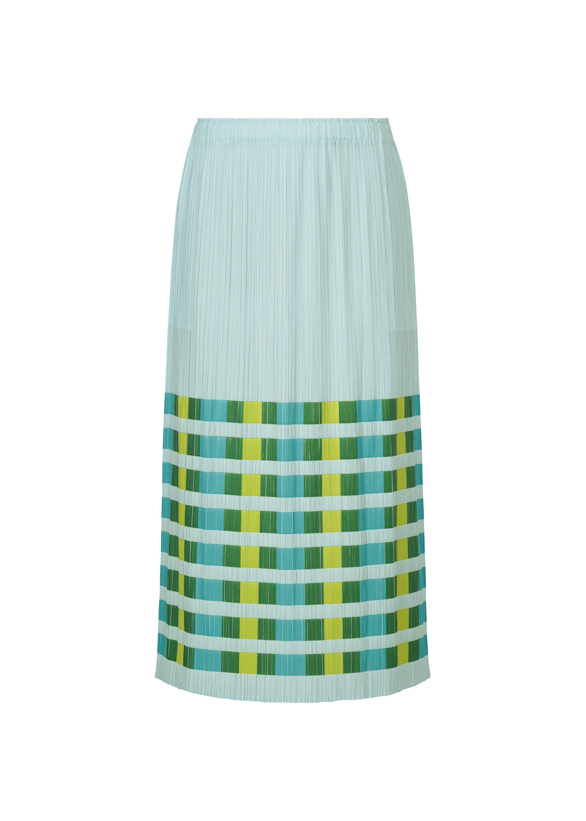 A product shot of the PLEATS PLEASE ISSEY MIYAKE BUMPY BASKET skirt in green.