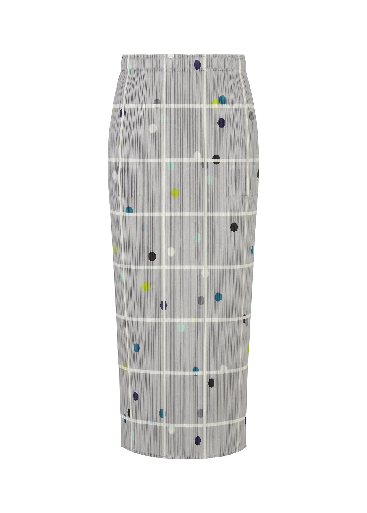 A product shot of the PLEATS PLEASE ISSEY MIYAKE CROSSING DOTS skirt in light grey (10).