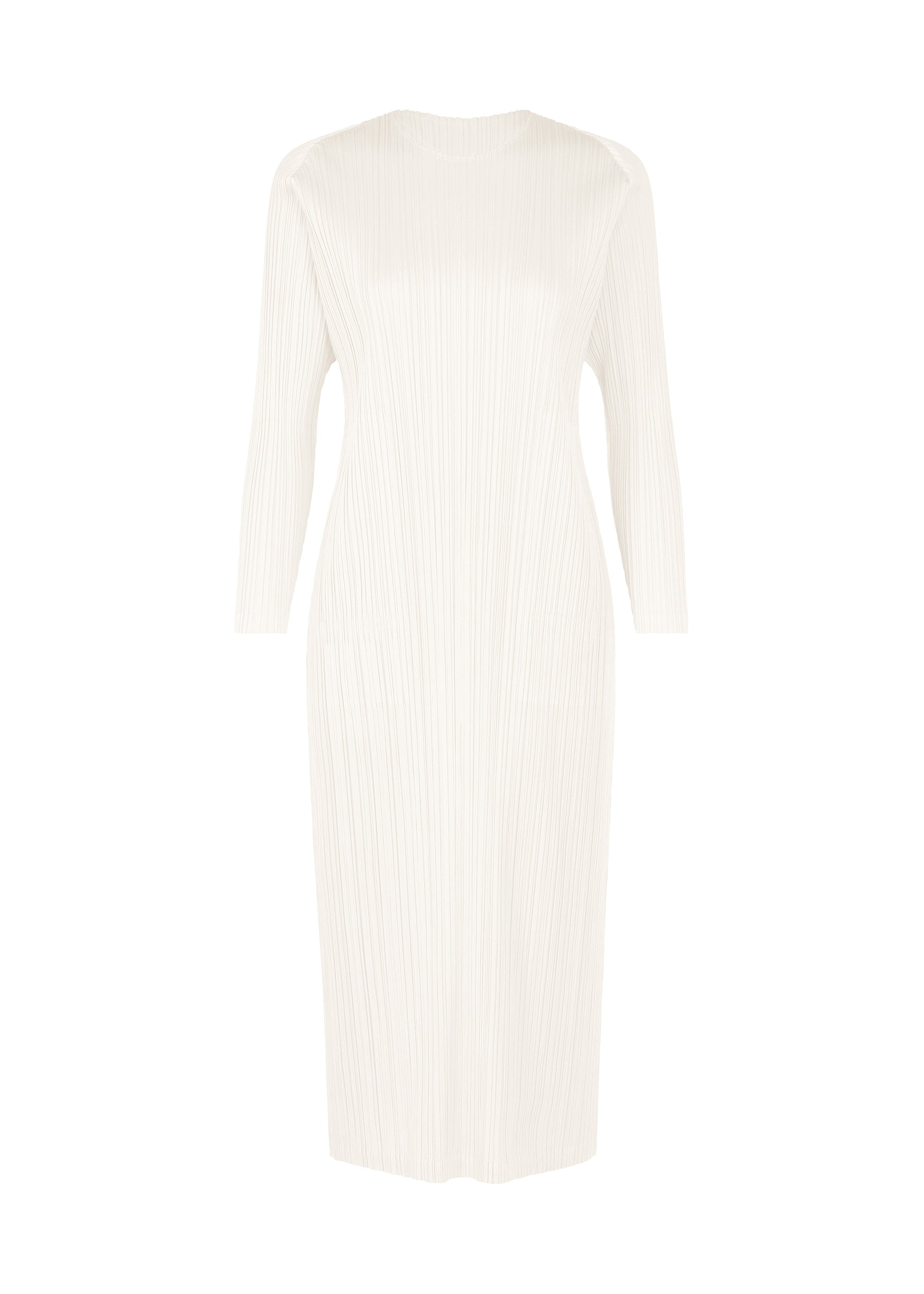 A product shot of the PLEATS PLEASE ISSEY MIYAKE MONTHLY COLORS FEBRUARY dress in white (01).