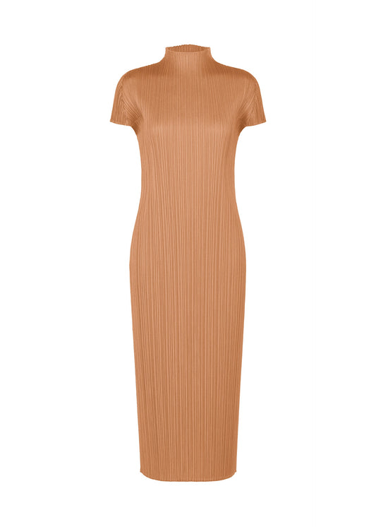 A product shot of the PLEATS PLEASE ISSEY MIYAKE MONTHLY COLORS : JUNE dress in pink beige.