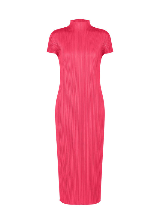 A product shot of the PLEATS PLEASE ISSEY MIYAKE MONTHLY COLORS : JUNE dress in bright pink.
