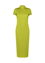 A product shot of the PLEATS PLEASE ISSEY MIYAKE MONTHLY COLORS : JUNE dress in yellow green.