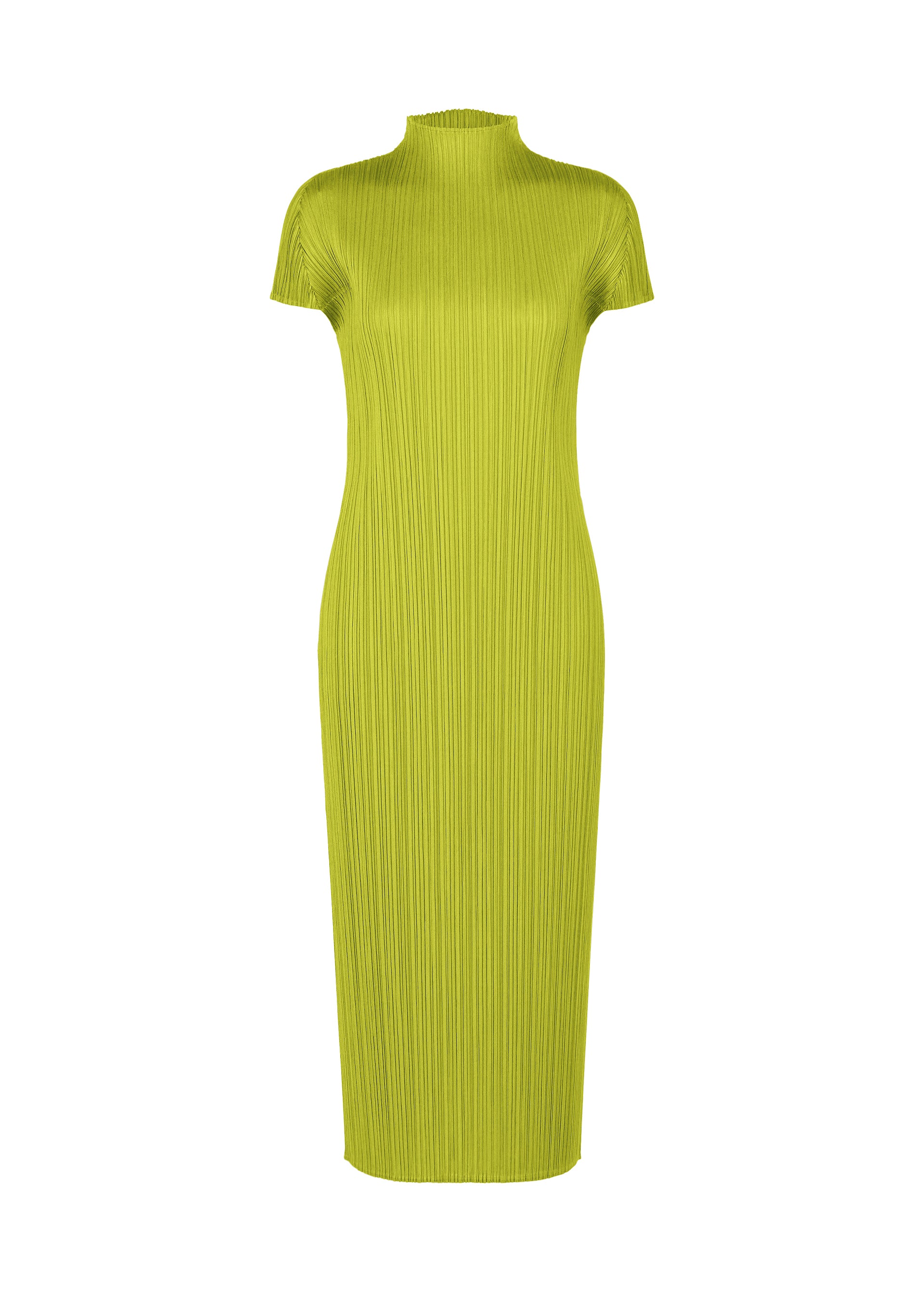 A product shot of the PLEATS PLEASE ISSEY MIYAKE MONTHLY COLORS : JUNE dress in yellow green.
