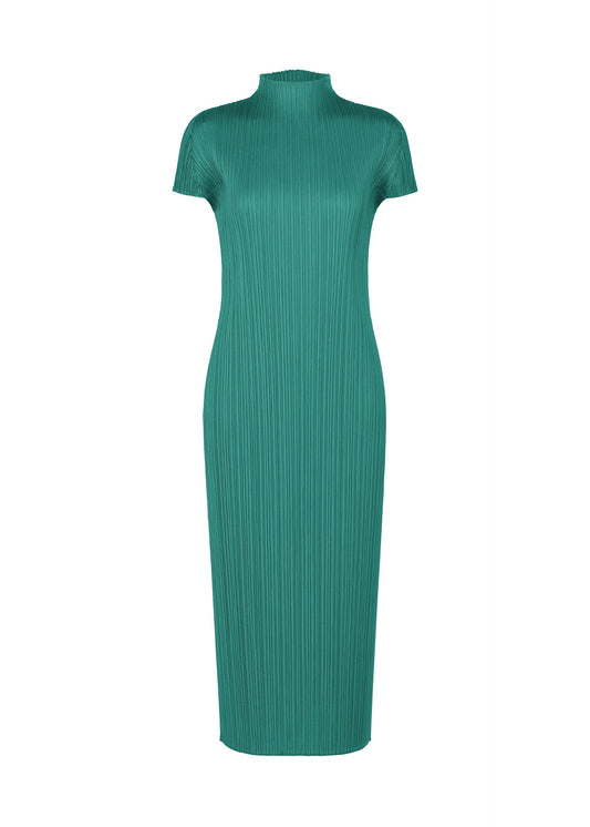 A product shot of the PLEATS PLEASE ISSEY MIYAKE MONTHLY COLORS : JUNE dress in blue green.