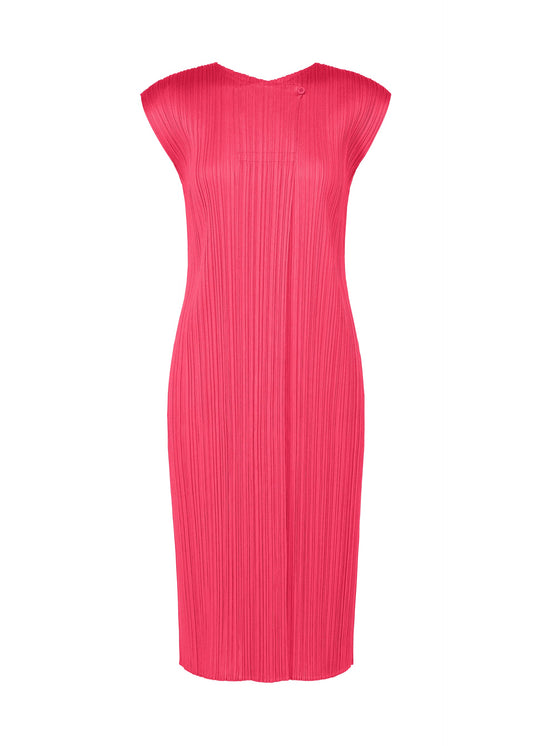 A product shot of the PLEATS PLEASE ISSEY MIYAKE MONTHLY COLORS : JUNE dress in bright pink.