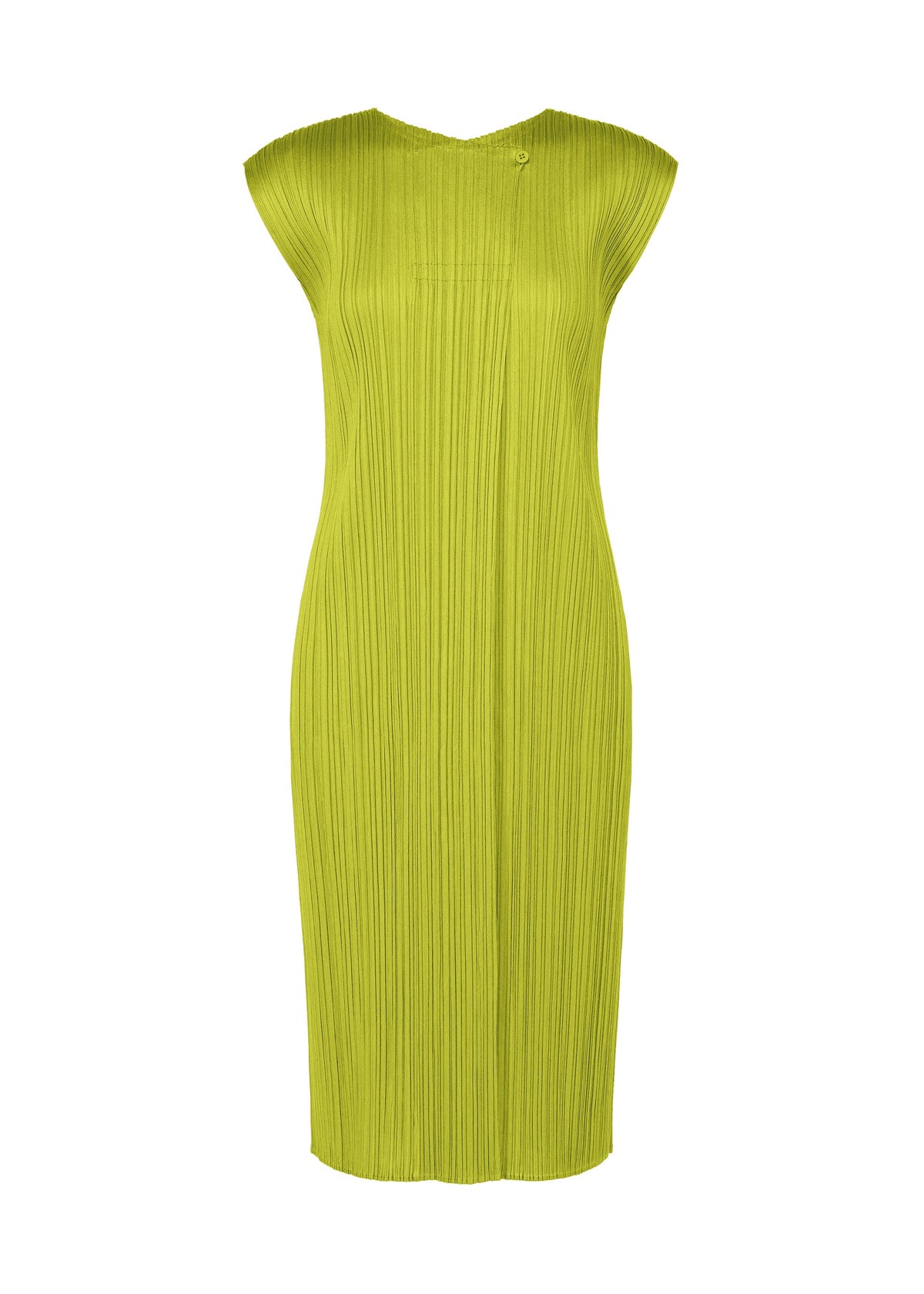A product shot of the PLEATS PLEASE ISSEY MIYAKE MONTHLY COLORS : JUNE dress in yellow green.