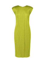 A product shot of the PLEATS PLEASE ISSEY MIYAKE MONTHLY COLORS : JUNE dress in yellow green.