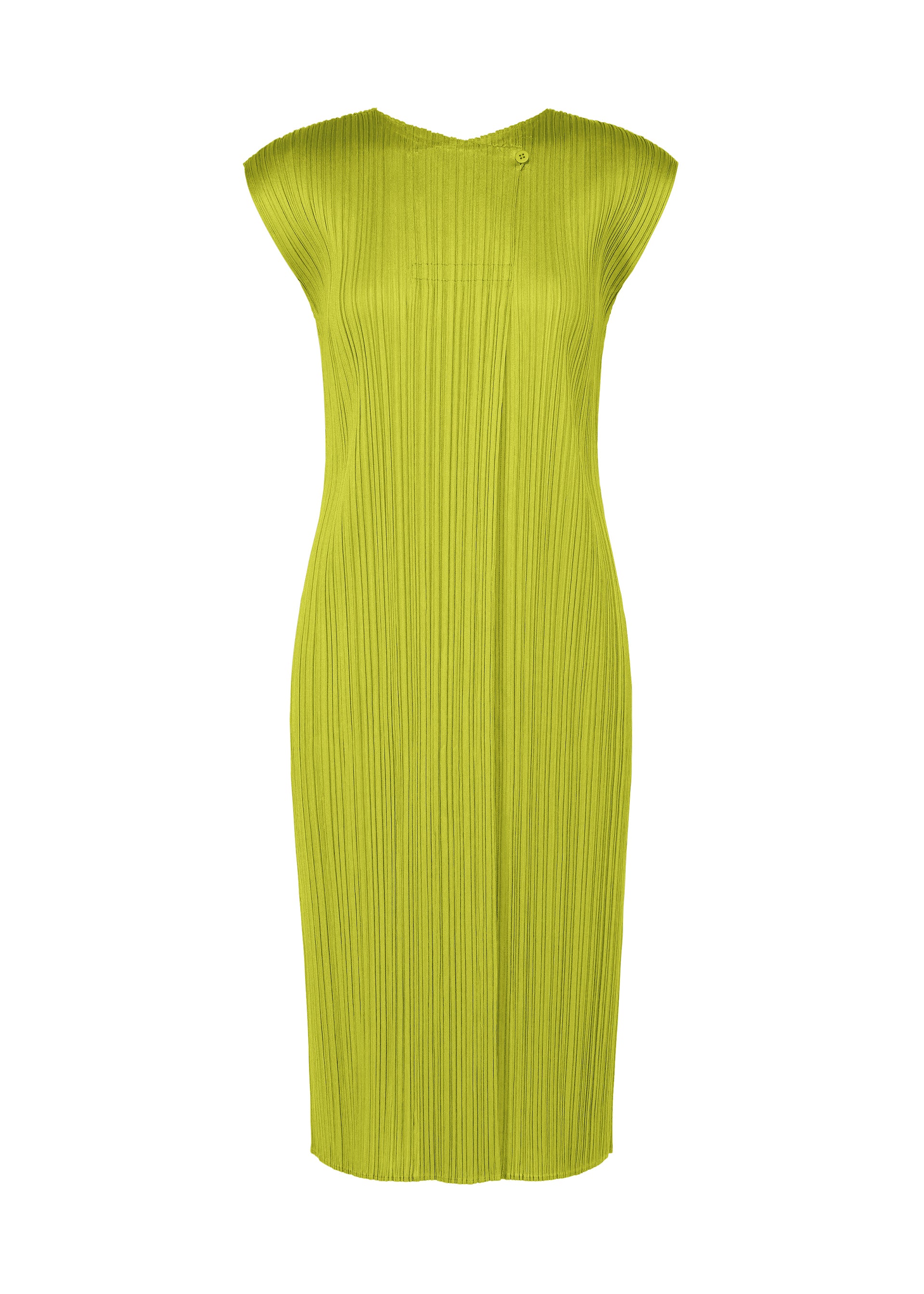 A product shot of the PLEATS PLEASE ISSEY MIYAKE MONTHLY COLORS : JUNE dress in yellow green.