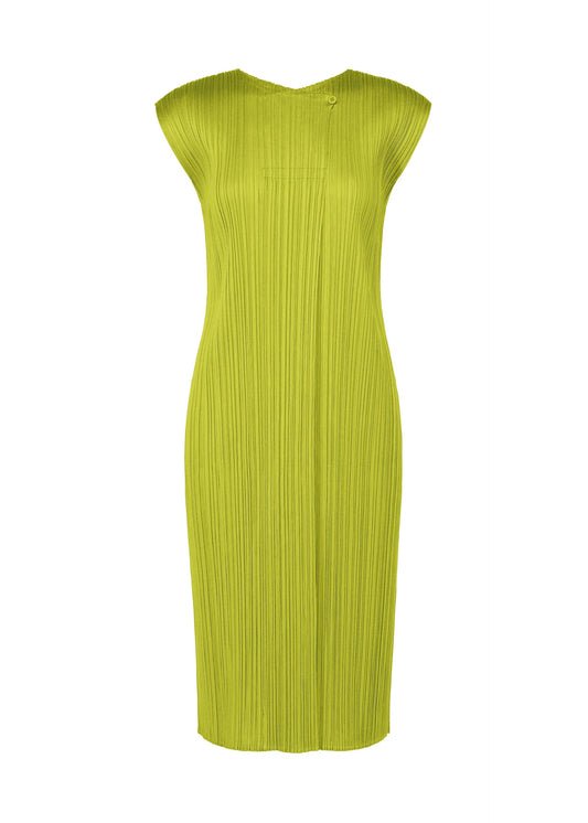 A product shot of the PLEATS PLEASE ISSEY MIYAKE MONTHLY COLORS : JUNE dress in yellow green.