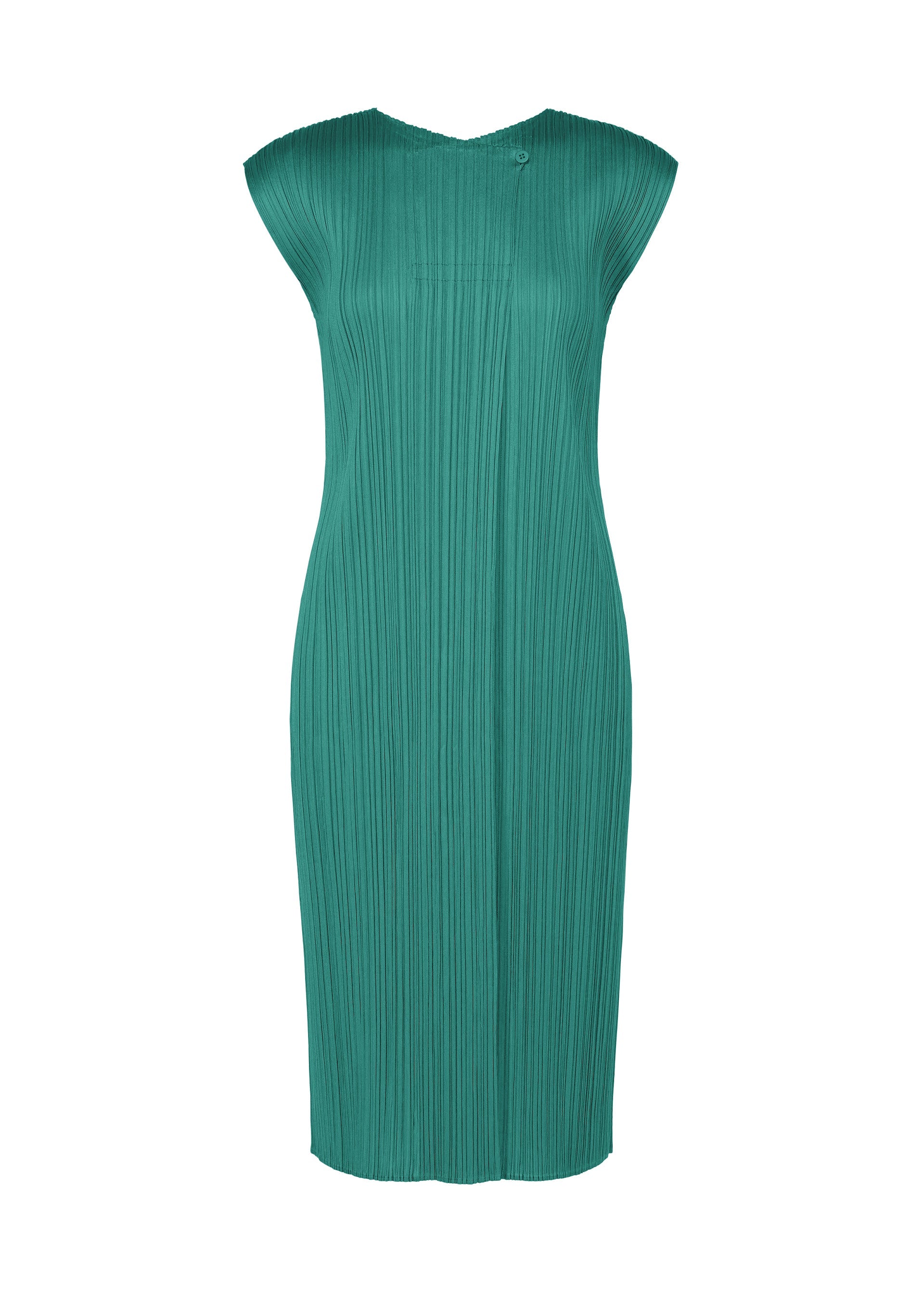 A product shot of the PLEATS PLEASE ISSEY MIYAKE MONTHLY COLORS : JUNE dress in blue green.