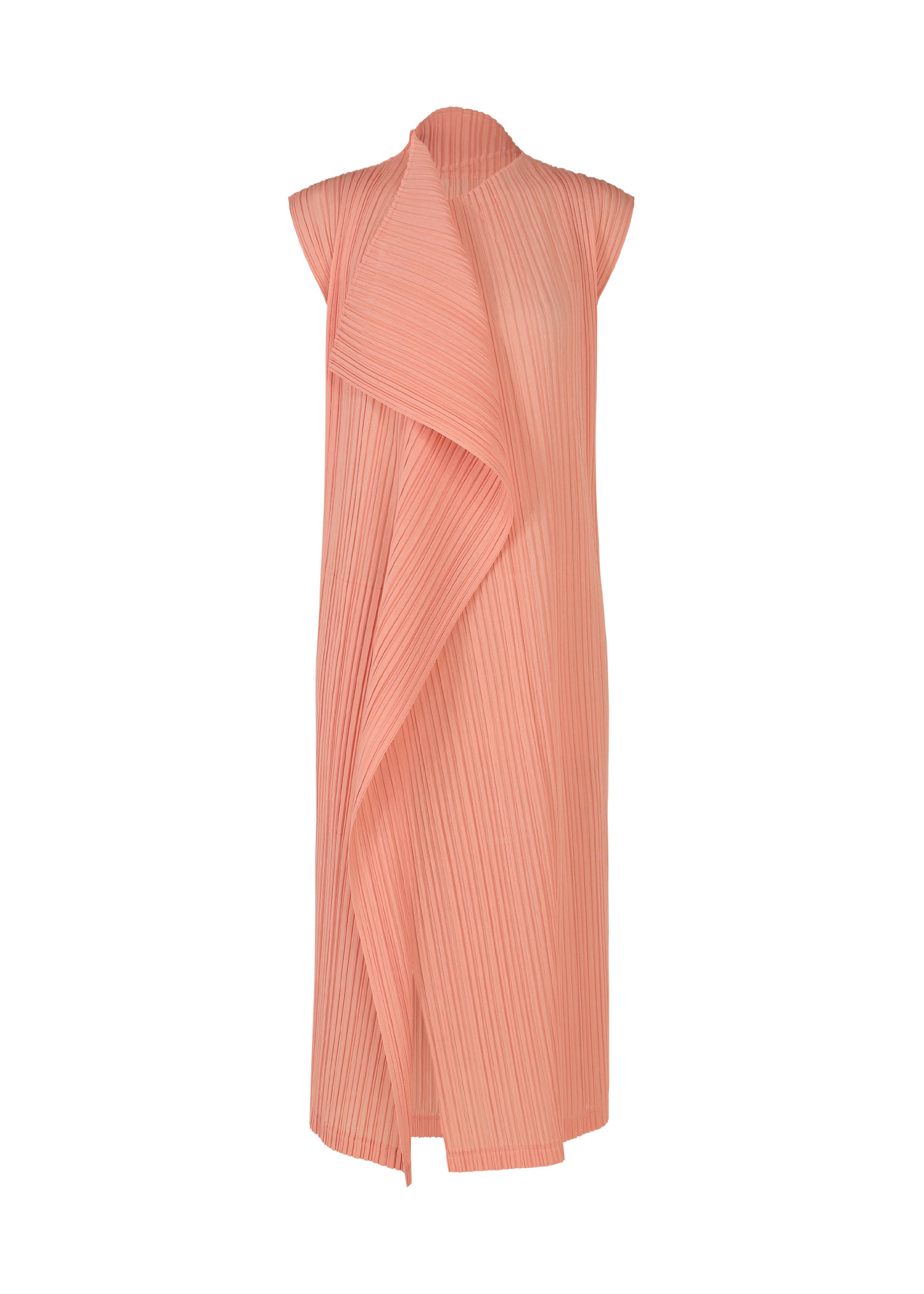 A product shot of the PLEATS PLEASE ISSEY MIYAKE RAMIE PLEATS dress in coral pink (29).