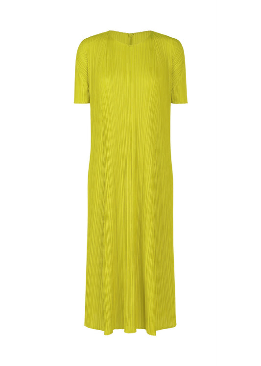 A product shot of the PLEATS PLEASE ISSEY MIYAKE MELLOW PLEATS dress in mustard (58).