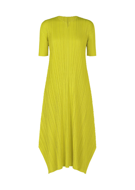 A product shot of the PLEATS PLEASE ISSEY MIYAKE MELLOW PLEATS dress in mustard (58).