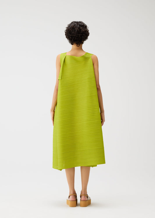 A model wears the PLEATS PLEASE ISSEY MIYAKE BOUNCY BASKET bouncy-basket-dress-steel-blue.