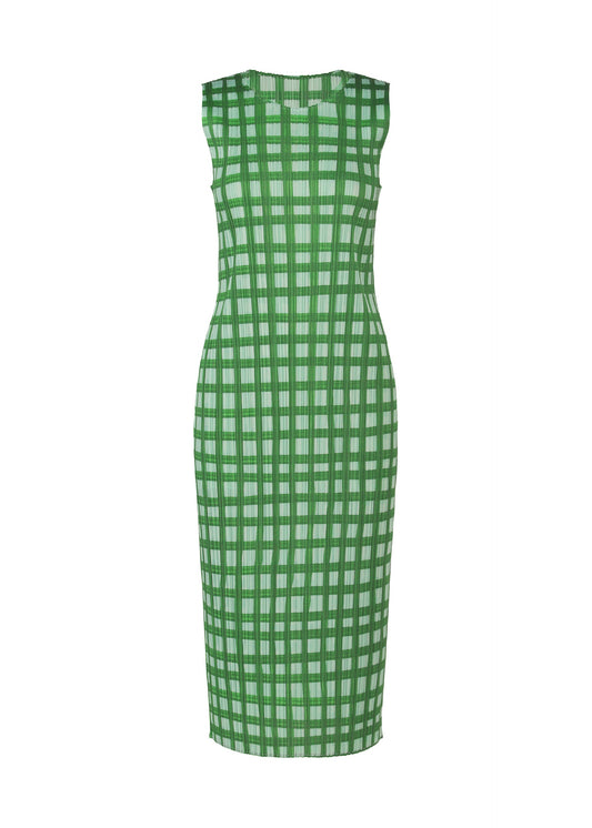 A product shot of the PLEATS PLEASE ISSEY MIYAKE BASKET dress in green.