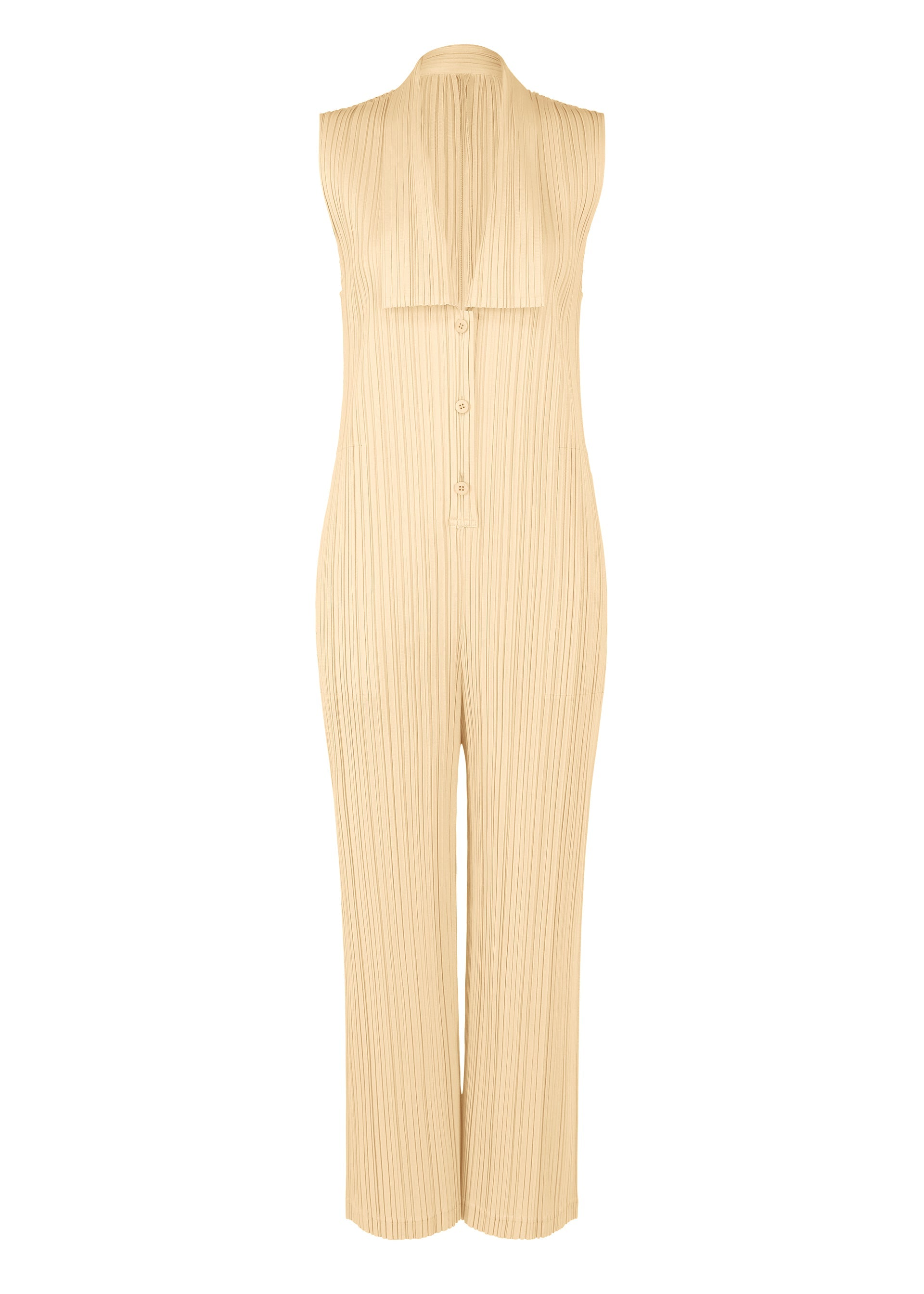 A product shot of the PLEATS PLEASE ISSEY MIYAKE LOOP BOTTOMS jumpsuit in light beige (39).