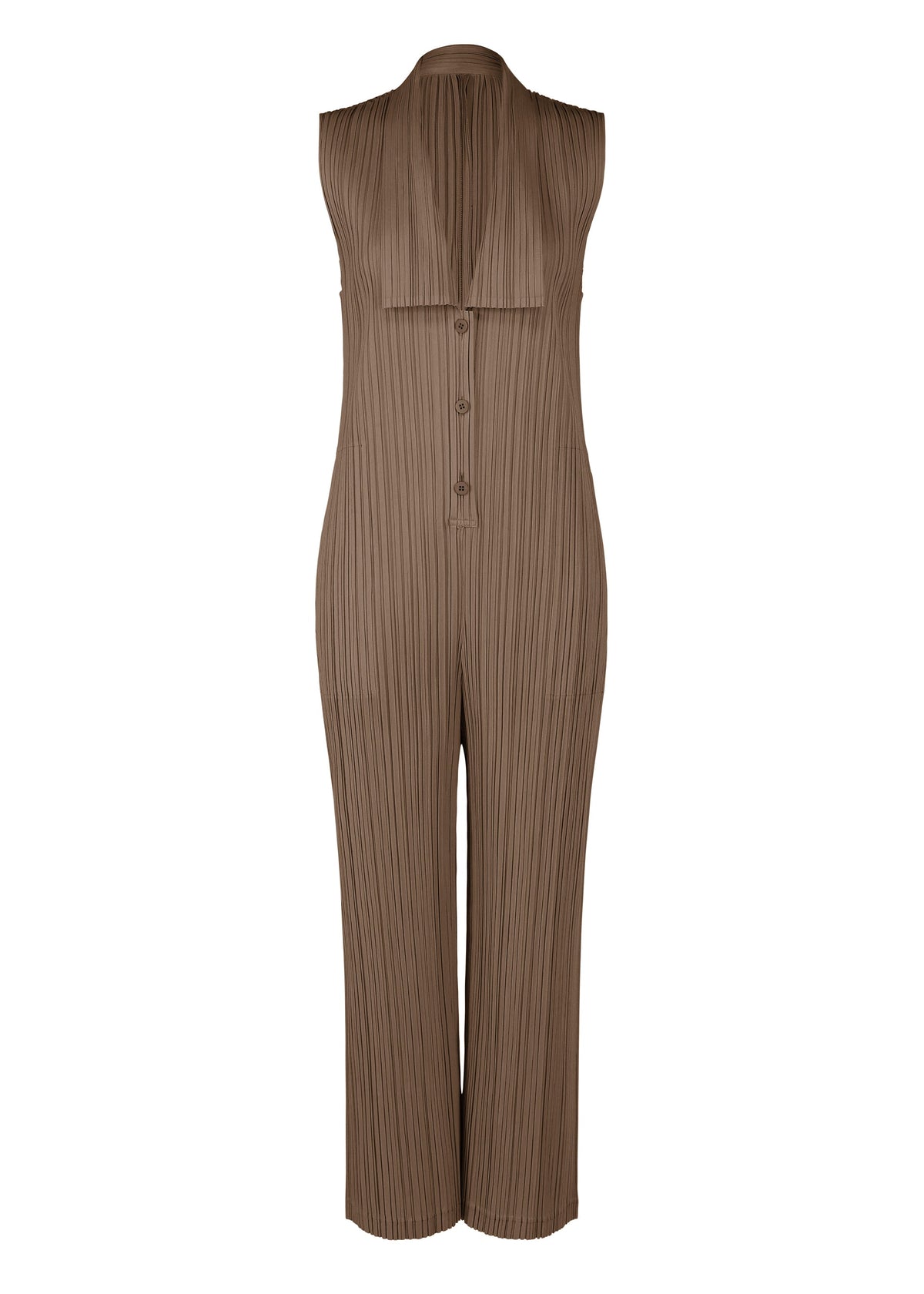 A product shot of the PLEATS PLEASE ISSEY MIYAKE LOOP BOTTOMS jumpsuit in dark brown (45).