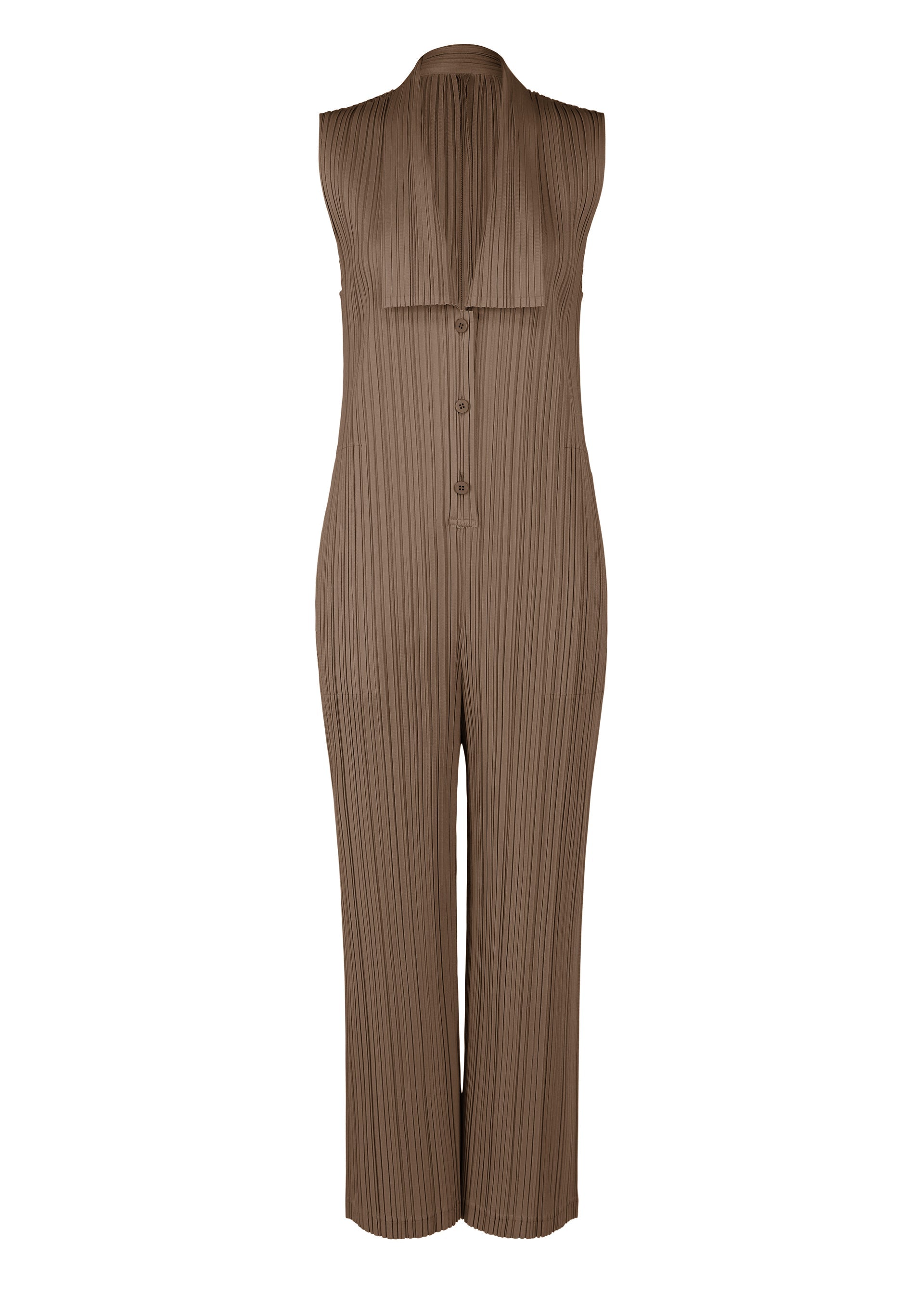 A product shot of the PLEATS PLEASE ISSEY MIYAKE LOOP BOTTOMS jumpsuit in dark brown (45).