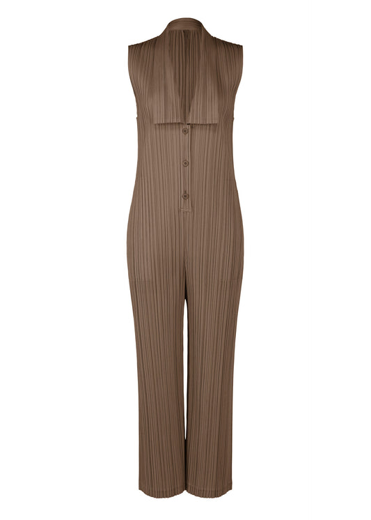 A product shot of the PLEATS PLEASE ISSEY MIYAKE LOOP BOTTOMS jumpsuit in dark brown (45).