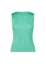 A product shot of the PLEATS PLEASE ISSEY MIYAKE MONTHLY COLORS MAY top in turquoise green (66).